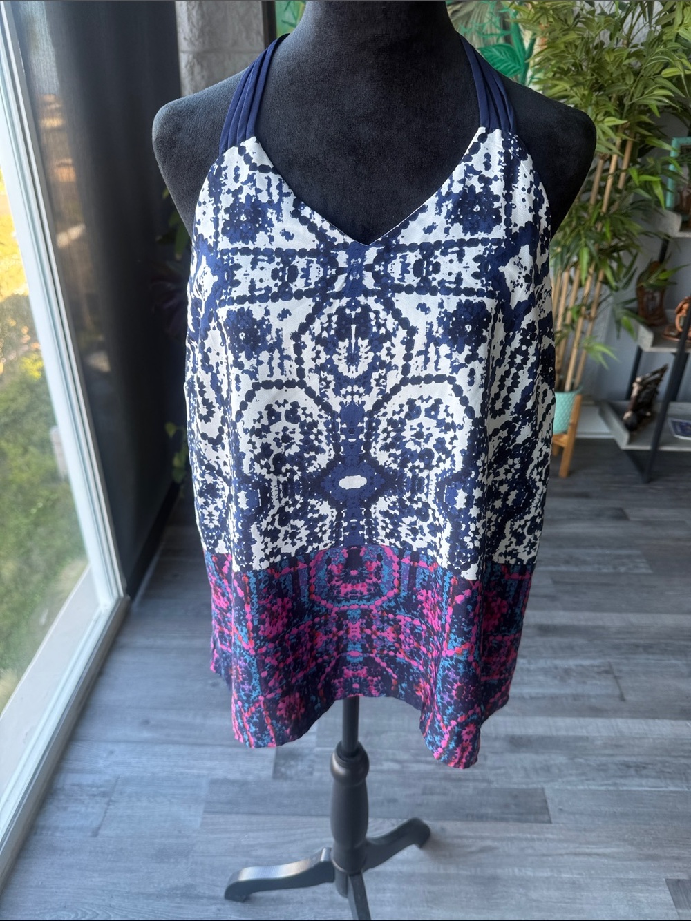Navy & White Print Tank with Pink Accent and strappy t back